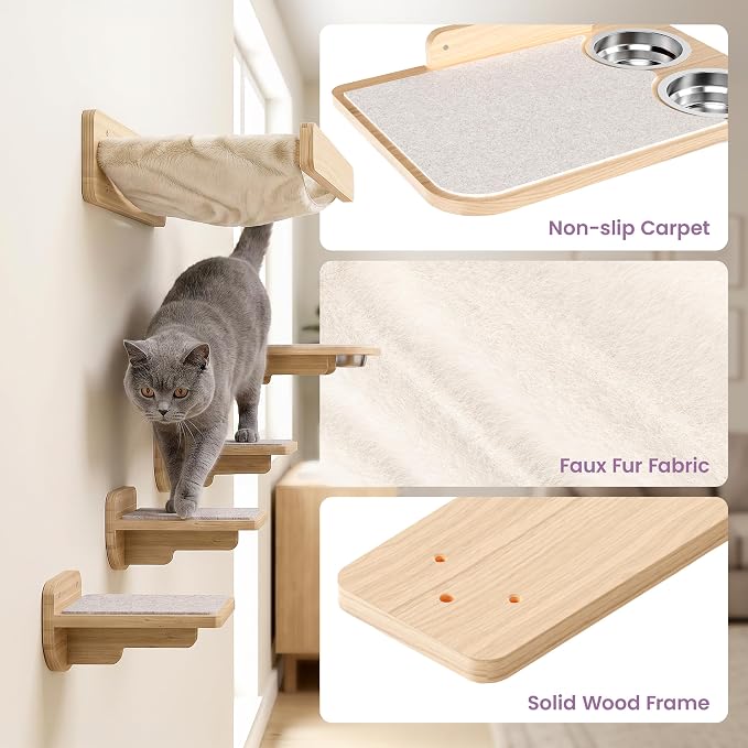 Cat Wall Shelves - Wall Mounted Cat Shelves with Feeding Station | Solid Pinewood, Beige Carpet, Supports Up to 33 lbs, Stainless Bowls, Dog-proof, Lounging, Climbing
