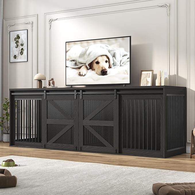 jiteentarou95In Farmhouse Dog Crate TV Stand, Wooden Dog Kennel Furniture with Sliding Metal Mesh Barn Door, Large Dog Crate Furniture for 2 Dogs, Solid Metal Tube & 2 Lockable Doors, Wood Grain Black