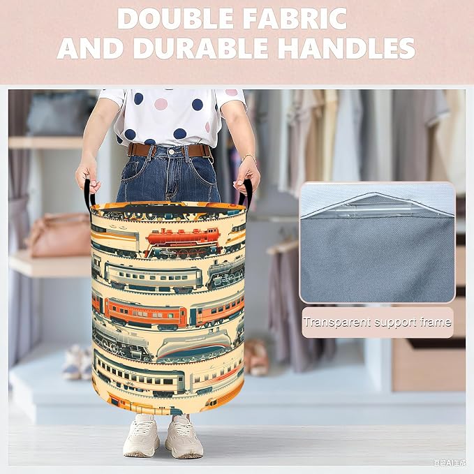 Vintage Train Laundry Basket Hamper 19.7"x15.8", Organizer Bins Gifts for Kids Boys Girls, Locomotive Railway Foldable Waterproof Oxford Clothes Storage Bucket for Bedroom Bathroom Decor