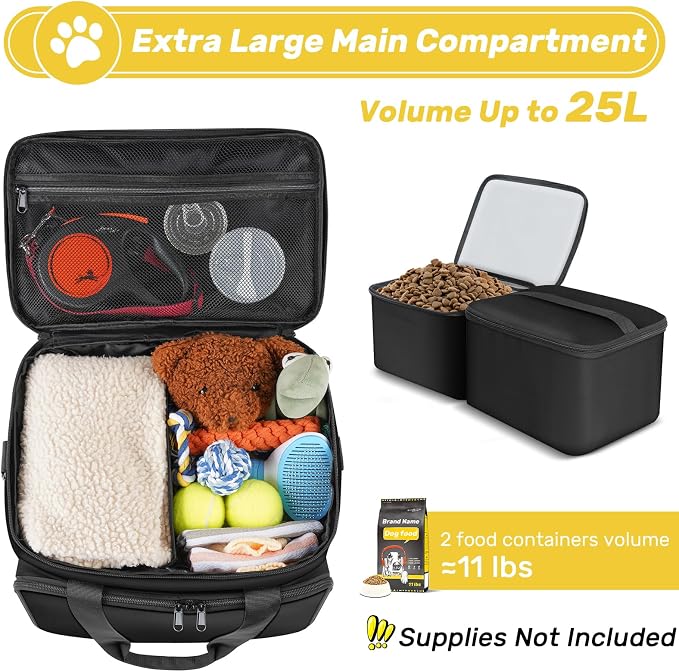 6 Set Dog Travel Bag, Large Pet Travel Kit for Supplies, Black | Includes 2 Food Containers, 1 Pet Organizer for Dogs, 2 Collapsible Bowls, 1 Treat Pouch, Dog Weekend Overnight Bag Luggage