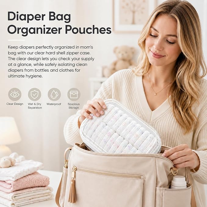 3 Pack Clear Hard Shell Zipper Case (1XL + 1L + 1M, White) | Travel Toiletry Bag, Waterproof 1.2mm PET Hard Plastic Pouches, Organizer Box for Makeup, Toy, Snack, Stationery, Diaper