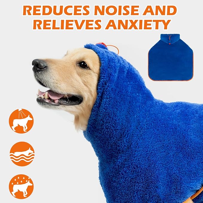 EXPAWLORER Soft Dog Bathrobe with Hood, Super Absorbent & Quick-Drying Dog Towels, Cozy Drying Coat for After Bath,Swimming, Blue XL