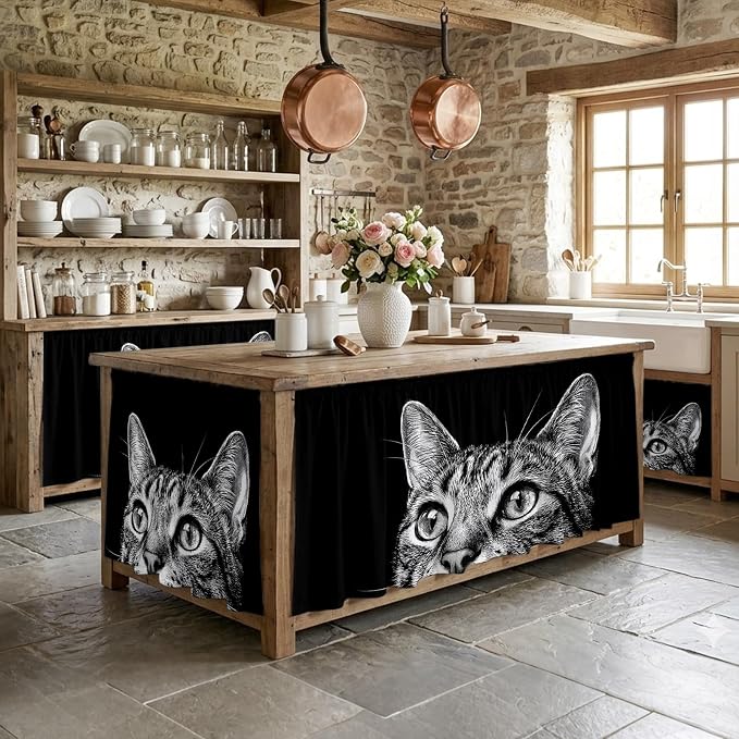 Cute Cat Cabinet Curtain 32"Wx55"L, Dustproof Pantry Door Curtain with Self Adhesive Tape, Vintage Funny Pet Cat Portrait Black Tall Storage Cover Privacy Drape for Bathroom Kitchen Laundry Room