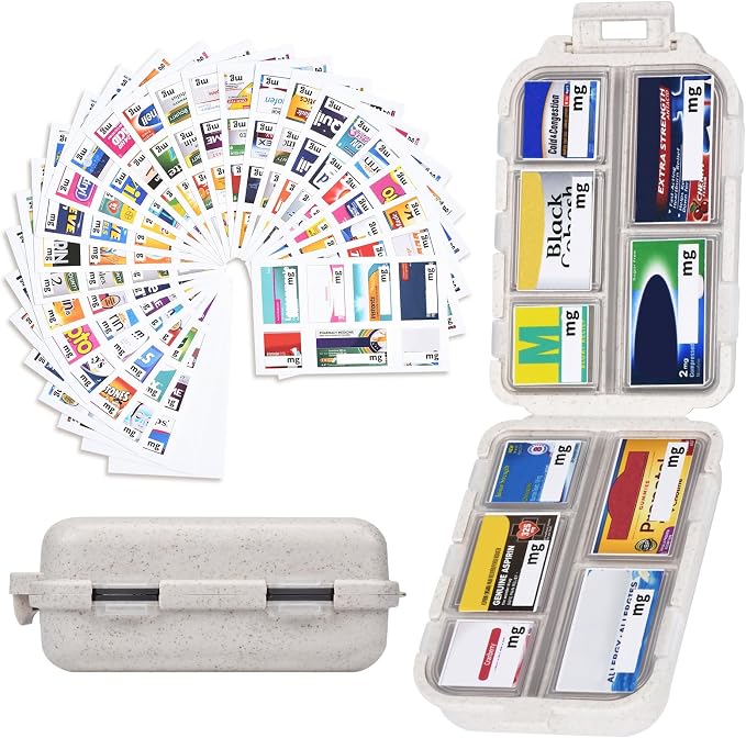 Large Medicine Pill Organizer with 189 Labels, Travel Medicine Kit Travel Pill Case Purse Organizer Pill Organizer for Purse (Beige, 1 Pack)
