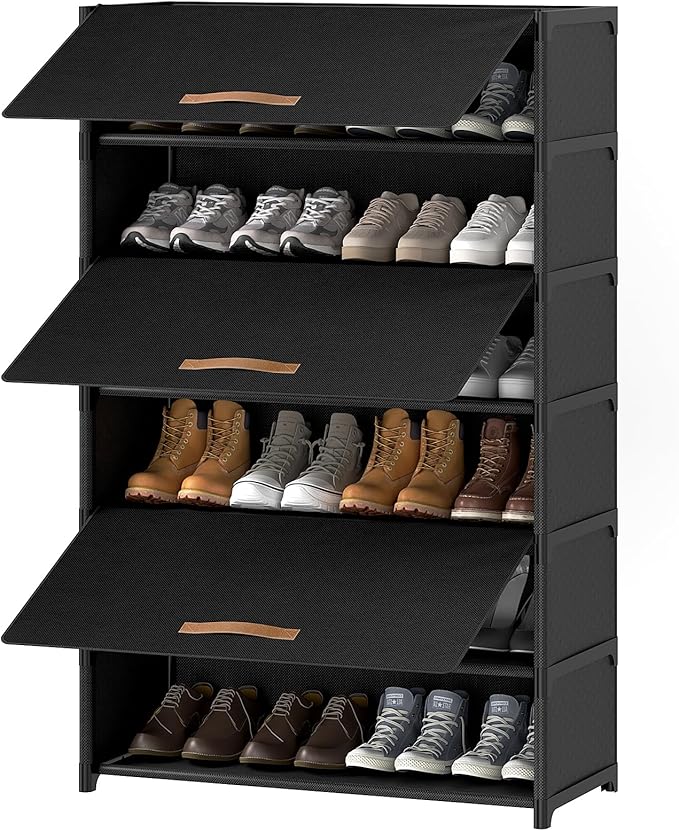 7 Tier Shoe Cabinet with Door, 28-Pair Storage, Black | Tall Design Saves Floor Space, Door Blocks Dust & Pets, Holds Heels to Boots, Quick Assembly with Connectors