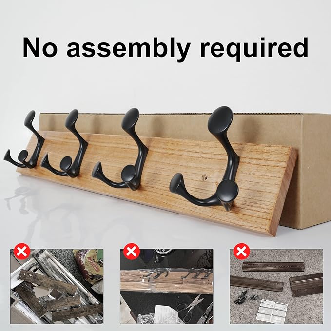 SKOLOO 24-Inch Wood Coat Rack Wall Mount with 4 Triple Hooks - Ideal for Family Entrances, Classrooms, and Pet Supplies Storage - Perfect Coat Hooks for Wall, Black on Natural