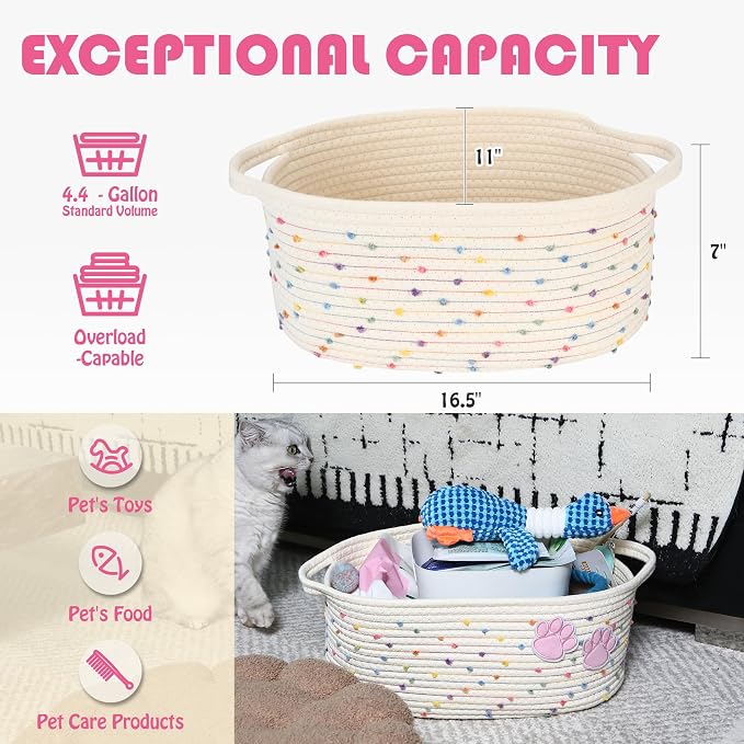 Sea Team Pet Toy Basket with Handles for Cats and Dogs, Rainbow Paw | Large Cotton Rope Storage Bin, Shelf Basket, Organizer for Pet Chew Toys, Foods, 16.5 x 11 x 7 Inches, 4.4 Gallons
