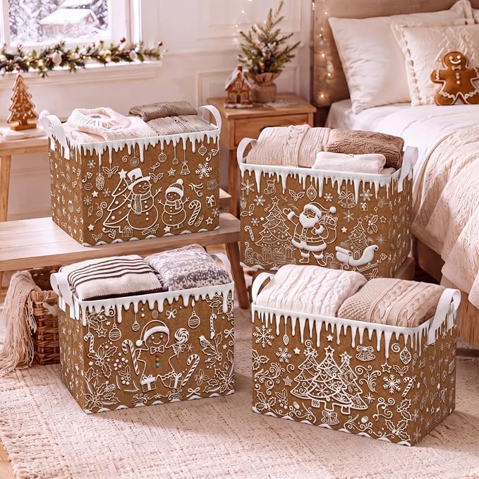 4 Pack Christmas Storage Bin Collapsible Large Christmas Gingerbread Storage Baskets for Gifts Canvas Laundry Basket Foldable Box with Handle for Winter Party Office Home Bedroom Clothes Decor