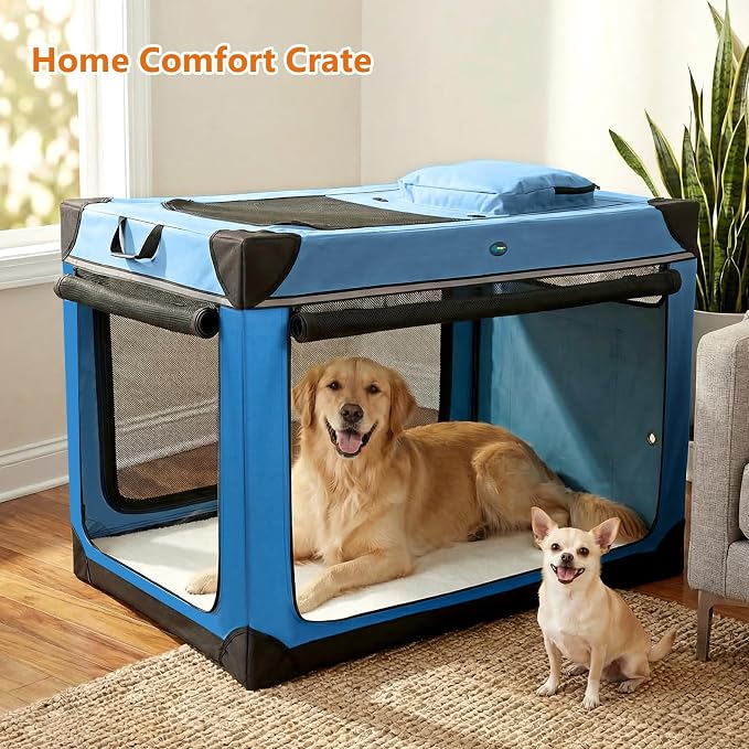 Ownpets Collapsible Dog Crate, 42 inch Portable Travel Dog Crate for Large Dogs, 4-Door Foldable Pet Kennel with Durable Mesh Windows & Soft Mat, Blue | Foldable, Portable, 4-Doors, 4-Side Mesh Windows, Steel Frame Oxford Cloth, Soft Cushion Mat, Leash...