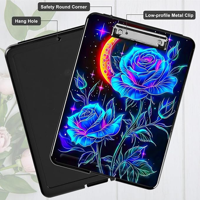 Blue Rose Moon A4 Clipboard with Storage Pen Holder, Clipboards Organizer Nursing Clipboard Foldable File Folder Plastic Clipboard Folio Clip Board for Office Students Classroom Doctor