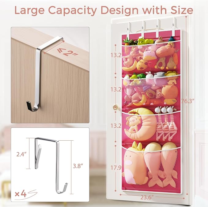Over the Door Hanging Organizer, Extra-Large Door Storage Organizer with 4 Deep Mesh Pockets, Space-Saving Hanging Storage for Bedroom & Home Organization, Pink