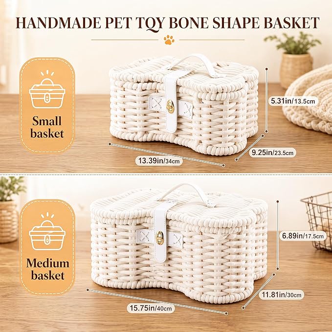 Barydat 2 Set Dog Bone Shaped Basket with Lid Cotton Rope, White | Large Small Sizes, Handmade Woven Basket for Toy Storage, Organizes Pet Items, Home Bin with Secure Lid Closure