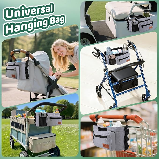 Universal Stroller Caddy with Cup Holder, Stroller Organizer Bag for Travel | Walker Stroller Diaper Bag with Detachable Phone Bag, New Moms Baby Shower Gifts, Accessories Fits for Uppababy, Baby Jogger