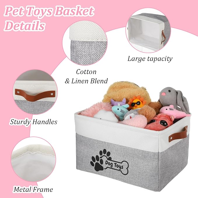 2-Pack Linen Toy Basket for Dogs, Foldable Dog Toy Storage Basket with Handles, Gray Organizer Bin for Pet Toys, Leashes, Blankets & Accessories (15x11x9 Inches)