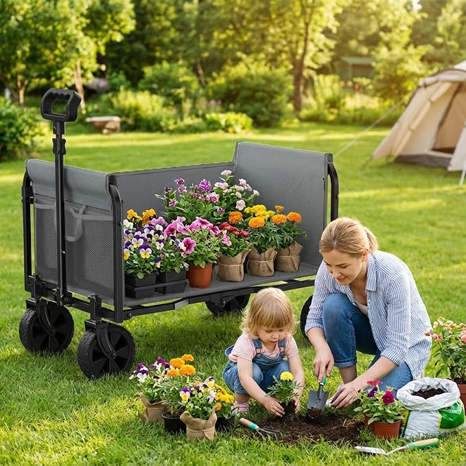 Portable Collapsible Wagon Cart, Foldable Cart with Removable Side, Utility Groceries Wagon for Dogs Cats Camping Beach Shopping Sports Gardeing Fishing, Gray
