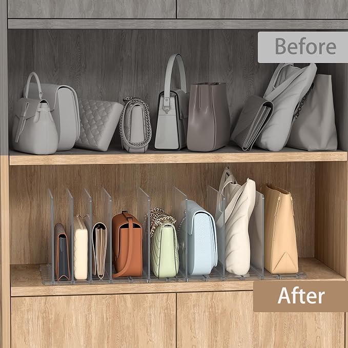 SortNStore Bag & Purse Organizer for Closet: Adjustable Clear Dividers | Plastic Clutch for Closet Organizers Handbag Storage - Keep Carteras & Pocketbook Upright