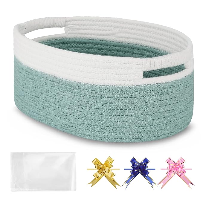Small Woven Gift Basket with Bag & Ribbons, Light Green | Cotton Rope, 13”x 9”x 5.5”, Fits for Kids, Women & Men, Bedroom, Living Room, Nursery & Bathroom Storage, Cat & Dog Toy Boxes