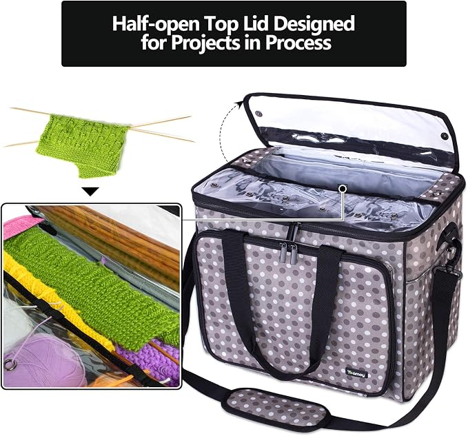 Teamoy Knitting Bag, Yarn Storage Organizer Crochet Bag Tote, Gray Dots | Yarn Holder with Inner Divider(Sewn to Bottom) for Crochet Hook, Knitting Needles(Up to 14"), Project and Crocheting Supplies
