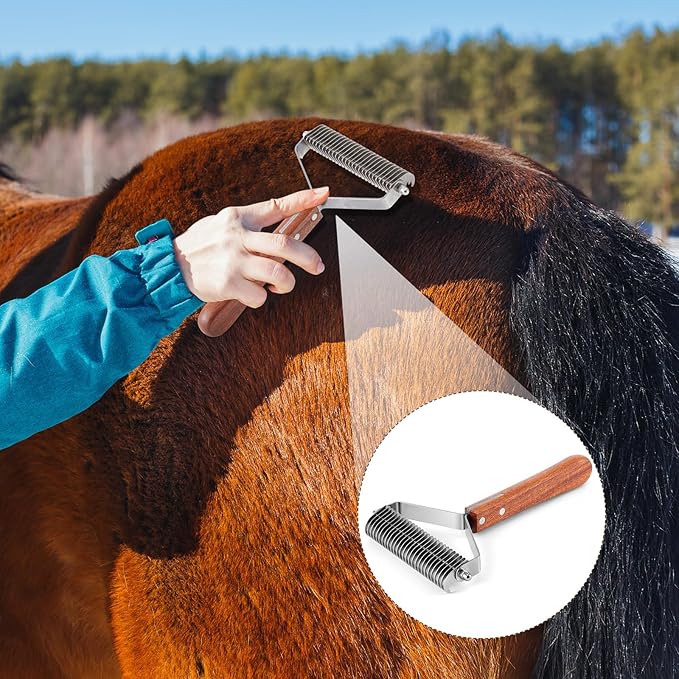 Abbylike Livestock Shedding Comb Grooming Dematting Brush Shedding Undercoat Rake for Cattle Horse Goat Cow Pets with 27 Stainless Steel Blades and Wood Handle