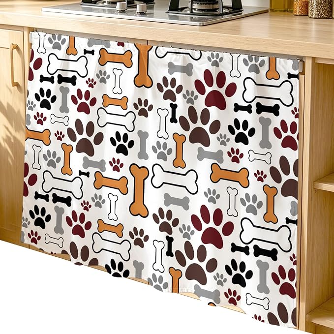 Dog Claws Cabinet Dishwasher Hidden Curtains, Privacy Closet Door Curtain, Pet Cat Cartoon Cute Animal Bone Pawprints Adhesive Dust Proof Under Sink Skirt for Bathroom Kitchen 35"x35"