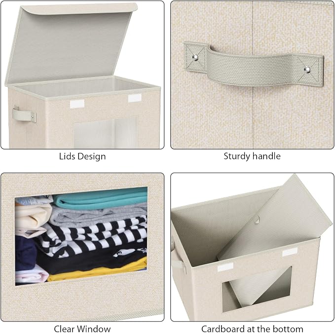 Univivi Collapsible Stackable Storage Bins with Lids, 4 Pack, Beige | 17 x 12 x 12 In Foldable Fabric Closet Organizer Containers, Stackable Closet Organizer and Storage for Home, Office, Bedroom