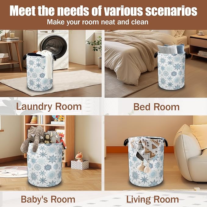 Winter Snowflake Laundry Basket,Laundry Hamper Waterproof Oxford Cloth Tote Bag,Clothes Storage Bucket Decorative Toy Organizer for Bathroom Bedroom 16" x 20.8"