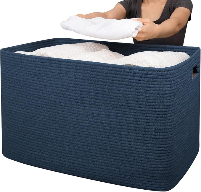 OIAHOMY 118L XXXLarge Rope Storage Basket, Oversized Blanket Basket Blue | 25" x 17" x 16" Used for Organizing Dirty Clothes in Living Room, Bedroom, Nursery, Extra Large Basket,Dog Toy Storage Bins