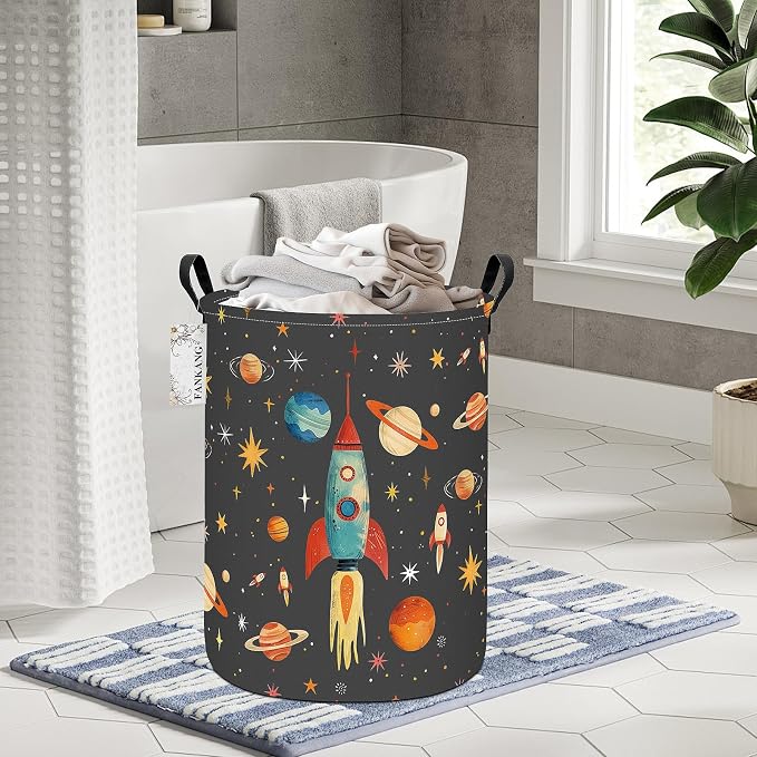 Space rocket Storage Bin Foldable Nursery Basket | Foldable with Waterproof PE Coating Organizer Bin for Kids Boys and Girls,Office,Bedroom,Clothes