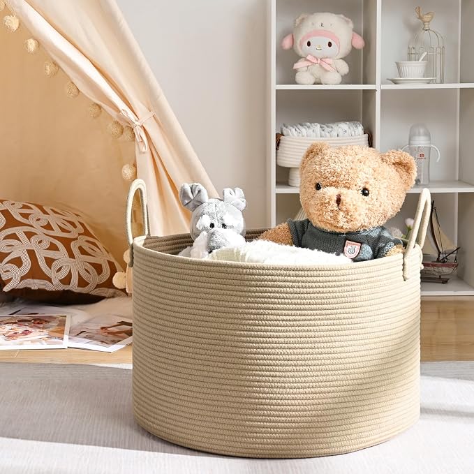 67L Large Woven Blanket Basket, Cotton Rope Baby Laundry Hamper with Handles, Kids Toy Basket for Classroom & Nursery, Soft Round Stuffed Animal Storage, Dog Toy Bin - 20"x13", Brown