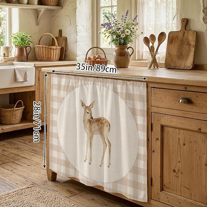 Resting Fawn Oven Skirt Curtain for Kitchen Decor 28"x35", Retro Natural Animals Farmhouse Plaid Self Adhesive Stove Curtains Skirt Cabinet Curtains for Bathroom Laundry Room