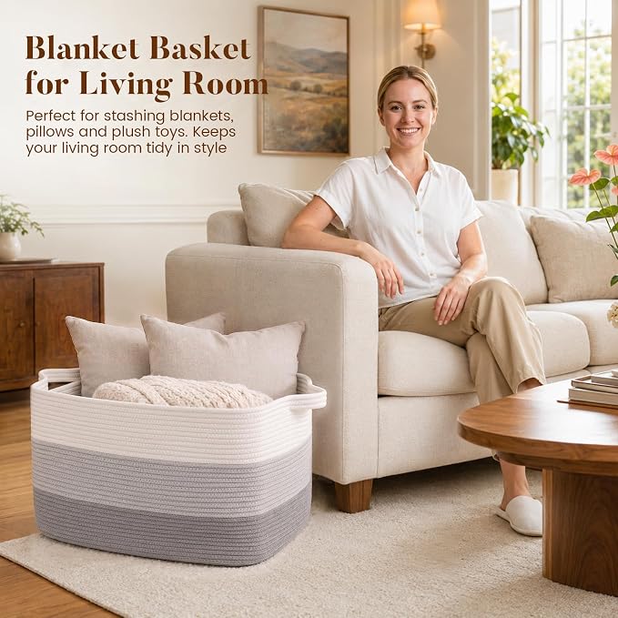 65L Large Woven Blanket Basket for Living Room, 19.7"x15.7"x11.8" | Nursery Laundry Hamper with Handle for Organizing Blankets, Pillows, Toy Storage With Handle, Large Baskets for Organizing
