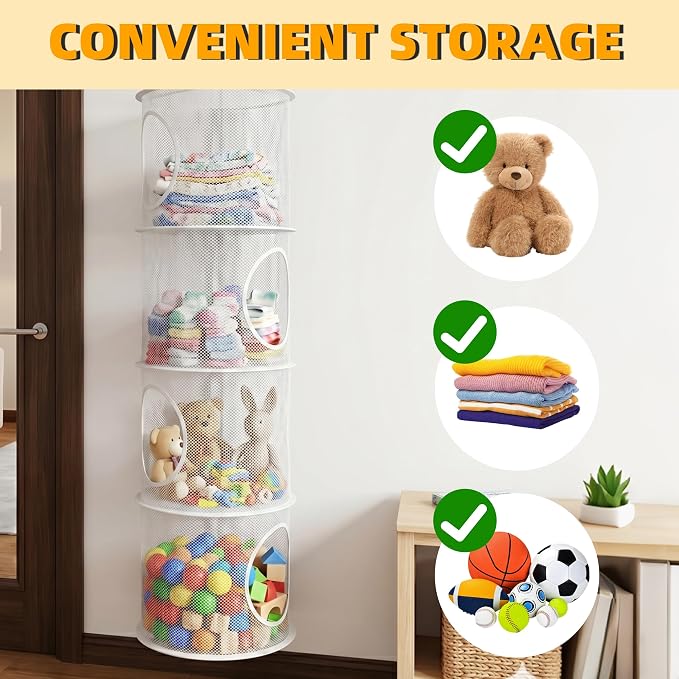 Hanging Stuffed Animal Storage Hammock Net 4 Tiers, White | Hanging Mesh Storage Organizer for Kids Room, Holds Plushies, Gloves, Hats, Socks, Foldable Space-saving Design