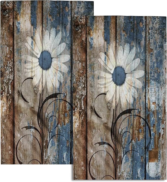 Giwawa Rustic Daisy Board Towels Set of 2, Vintage Flower Print on Blue Grey Brown Plank Hand Fingertip Towel Retro Stripe Face Towel Country Barn Wooden Washcloth for Farmhouse Guest Bathroom Decor