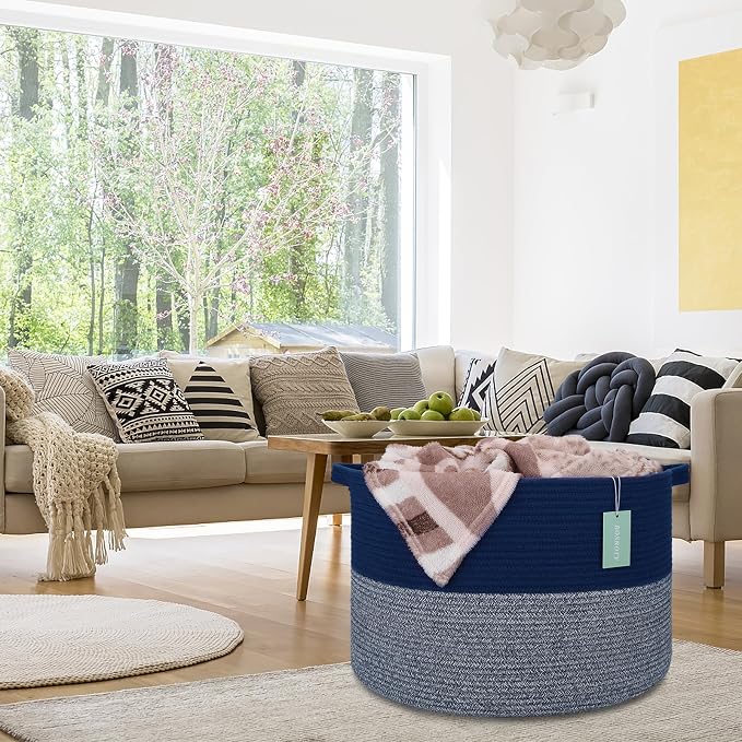 Large Cotton Rope Blanket Basket, 87L Laundry Hamper, Navy Blue
