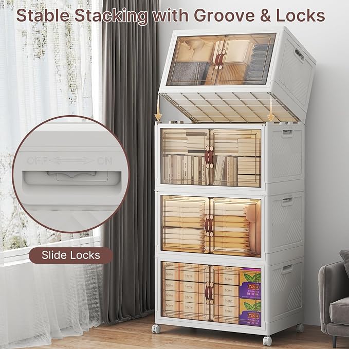 Stackable Storage Bins with Lids, 480QT Lockable Storage Cabinet | Folding Storage Box with Doors and Wheels, Collapsible Plastic Drawers for Home, Garage, Office