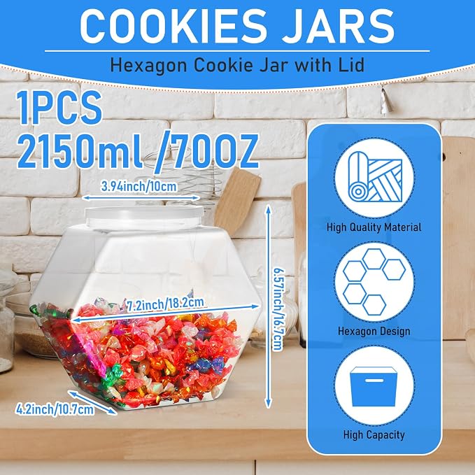 Uiifan Plastic Candy Jar with Lid Clear Hexagonal Fish Bowls,70 Oz | Clear Cookie Jar Desk Pet Display, Dog Food Craft Supplies Coffee Pod Storage, Wide Mouth Easy Access Organizer