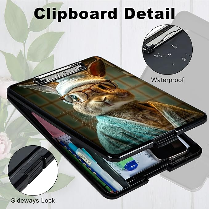 Heavy Duty Storage Clipboard, Slim Nursing Clipboard with Internal Pen Case, Portable File Organizer Case for A4 Letter Size Paper Office Medical Professionals, Glasses Rabbit