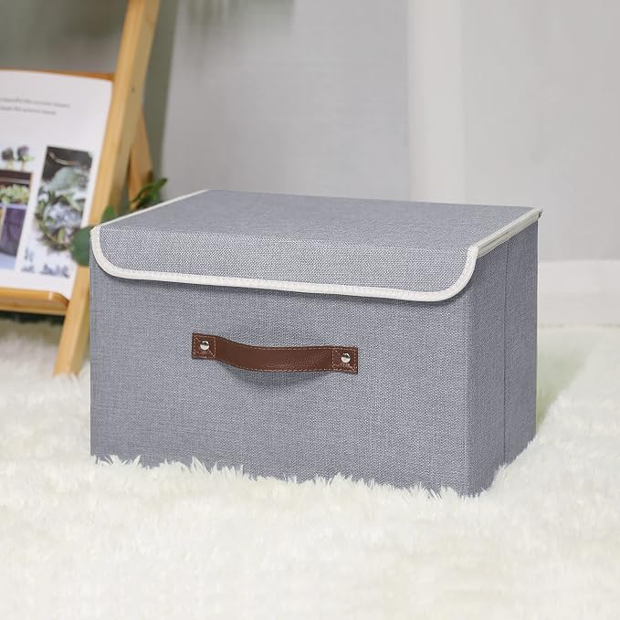 ANMINY Fabric Storage Box Bins with Lids, Gray, 15"x10"x10" | Keepsake Memory Storage, Cotton Linen, PP Board Reinforced, Washable, PU Handles, Foldable & Stackable, Decorative, Large