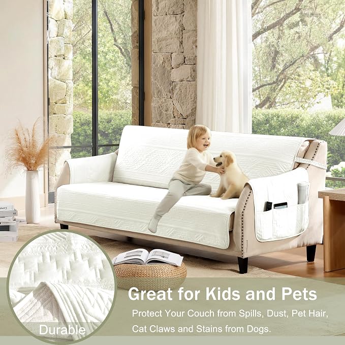 Boho Quilted Grand Sofa Couch Covers, Soft Cozy Couch Protector for 4 Cushion Couch, Pet-Friendly Couch Covers for Super LargeSofa, Oversized GrandSofa Slipcovers (Grand Sofa 88", White)