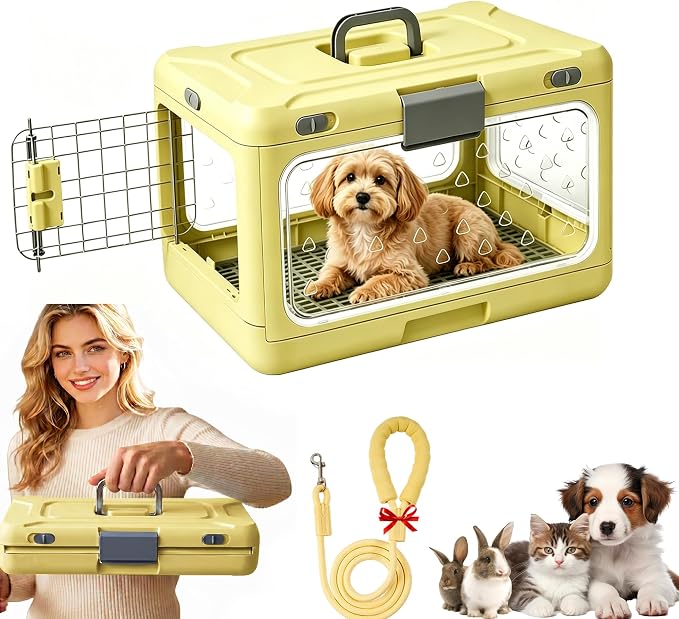 Foldable Hard Cat Carrier, Transparent Pet Crate for Cats & Small Dogs, Collapsible Travel Kennel with Ventilation & Urine Pad Mesh Grid, Portable Travel cage, Essential for pet Travel, Yellow