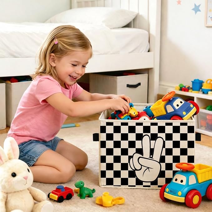 Checkered Storage Bin, Foldable Fabric Basket for Kids Room Nursery | Foldable fabric storage bin with positive quote design for toys, books, clothes, nursery, bedroom, and playroom use.