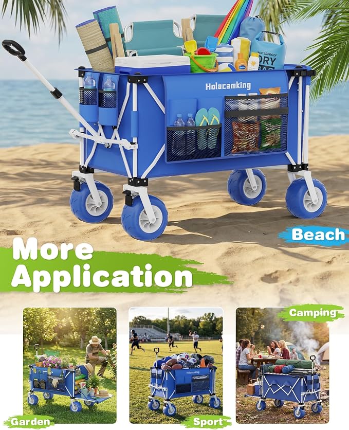 59"L Beach Wagon with 9×4" Big Sand Wheels, Expandable Tailgate | Heavy Duty Collapsible Utility Cart with 9" All-Terrain Non-inflatable Balloon Wheels for Beach Camping Baseball Fishing