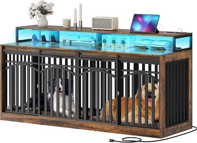 DWVO 71" Double Dog Crate Furniture with LED Light & Power Outlets | Heavy Duty Dual Dog Kennel TV Stand w Shelves & Sliding Doors, Wooden Dog Cage Table 2 Medium Large Dogs, Rustic Brown
