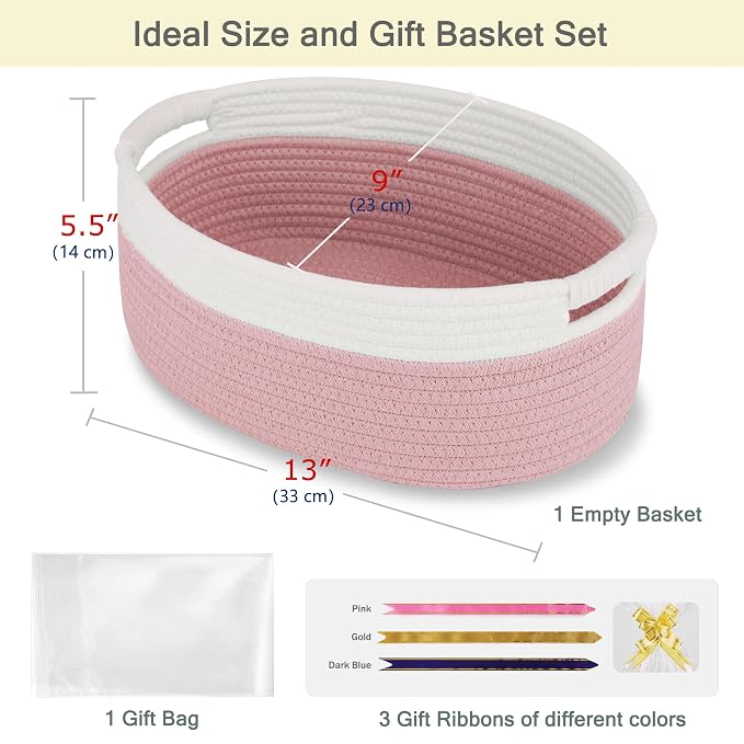 Small Woven Gift Basket with Bag & Ribbons, Dusty Pink | Cotton Rope, 13”x 9”x 5.5”, Fits for Kids, Women & Men, Bedroom, Living Room, Nursery & Bathroom Storage, Cat & Dog Toy Boxes