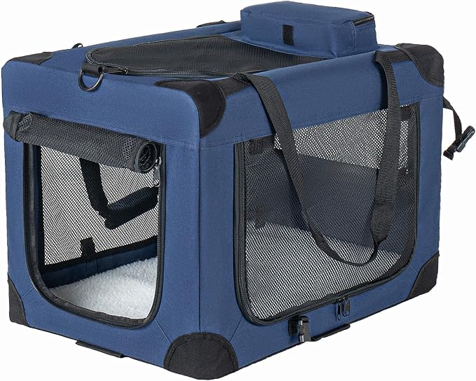 2 in 1 Rolling Dog Crate with Wheels, 24'' Collapsible Travel Pet Carrier for Medium Large Dogs, Portable Folding Kennel with 3-Door Design & Mesh Windows (Dark Blue + 36'')