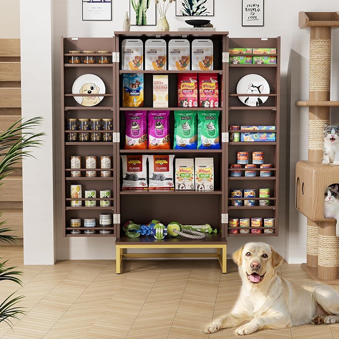 Saudism 51" Dog Food Storage Cabinet with Adjustable Shelves, Walnut | Freestanding Pet Storage Container Organizer for Living Room and Dinning Room