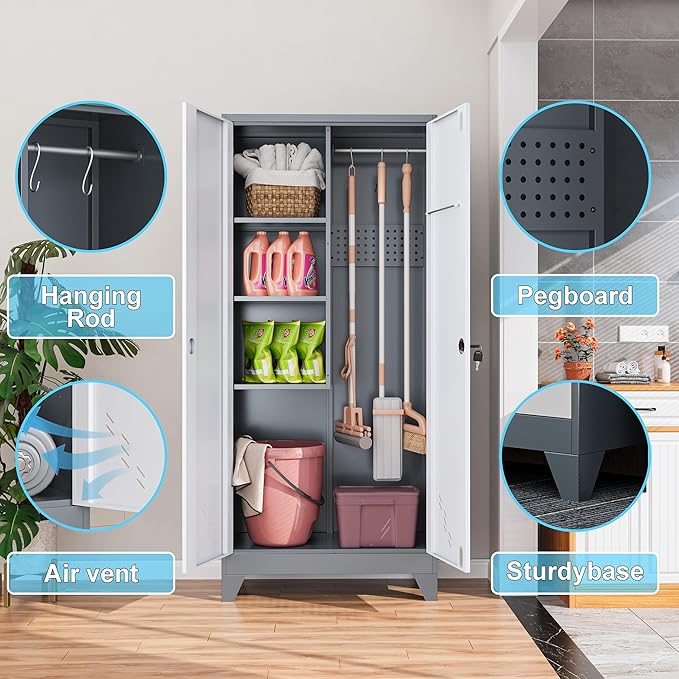 61" Metal Storage Cabinet with Lockable Doors, Cleaning Supply Cabinet with Pegboard and Hanging Rod. Garage Tool Storage Cabinets for Home, Laundry, Office, Home Kitchen Utility Cabinet