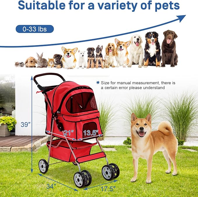 Best 4 Wheels Pet Stroller for Dog Cat, Lightweight and Foldable Pet Jogger Stroller, Carrier Strolling Cart W/Cup Holders Removable Liner for Small and Medium Dog Cat or Pet - Red