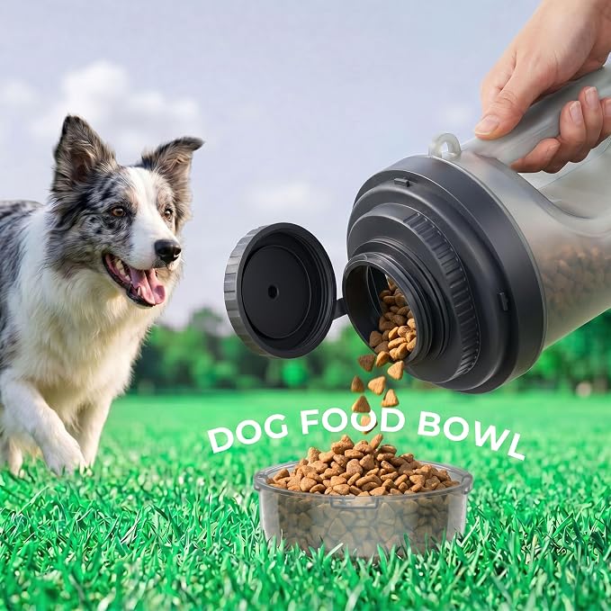 33.5oz Portable Dog Water Bottle for Travel Hydration&Food Feeder | 13.5oz Food Storage, 13.5oz Water Dispenser Bowl, 6.5oz Food Container, Leak-Proof, for All Breeds, Outdoor, Walking, Hiking