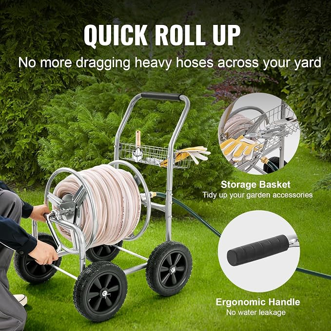 VEVOR Hose Reel Cart, Hold Up to 250 ft of 5/8’’ Hose, Garden Water Hose Carts Mobile Tools with 4 Wheels, Heavy Duty Powder-Coated Steel Outdoor Planting with Storage Basket, for Garden, Yard, Lawn | Heavy Duty Powder-coated Steel, Storage Basket, Mob...